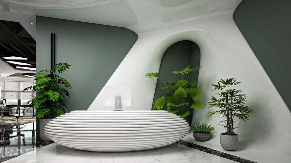 Minimalist tech company lobby with sleek branding and illuminated logo