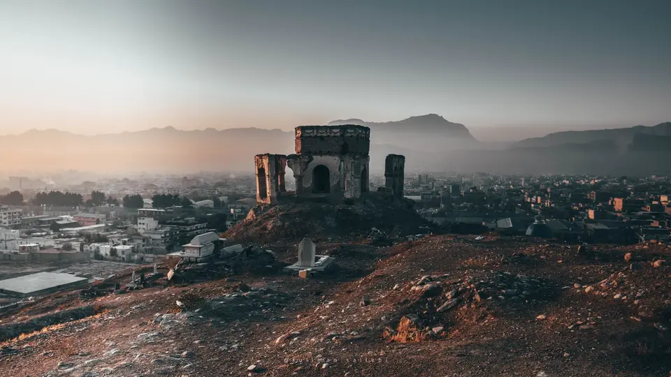 Panoramic aerial view of the Great Pyramids aligned with constellations at twilight