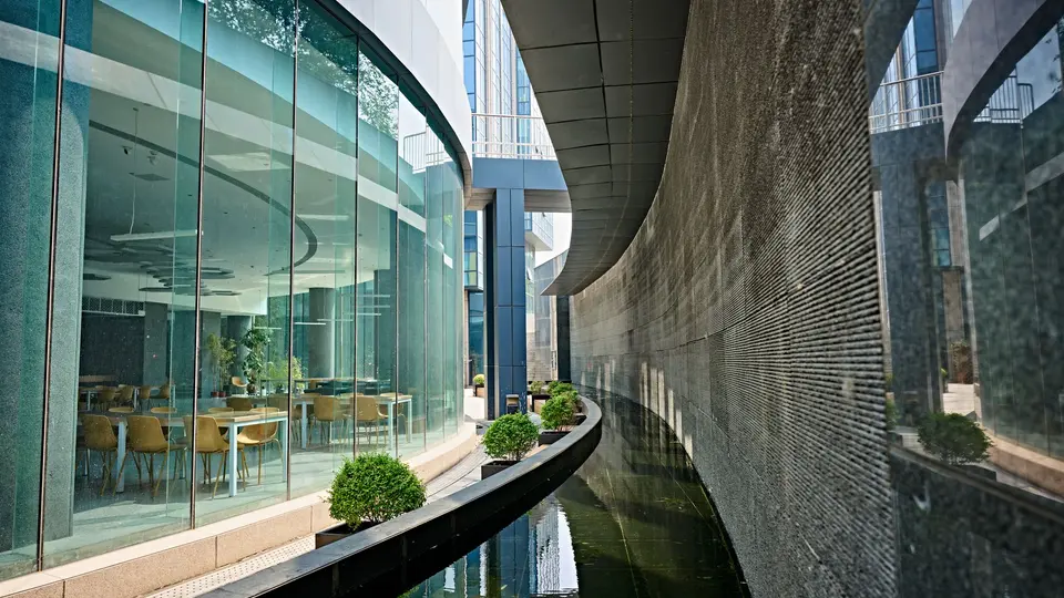Glass and steel futuristic architecture of major Silicon Valley tech corporate headquarters